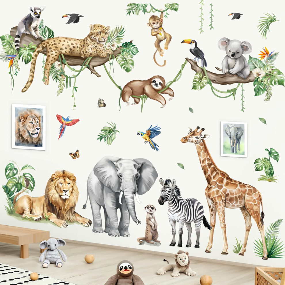 Large Jungle Animals Tree Branch Wall Stickers Safari Elephant Giraffe Leopard Tropical Leaves Wall Decals Baby Nursery Kids Room Wall Decalmile