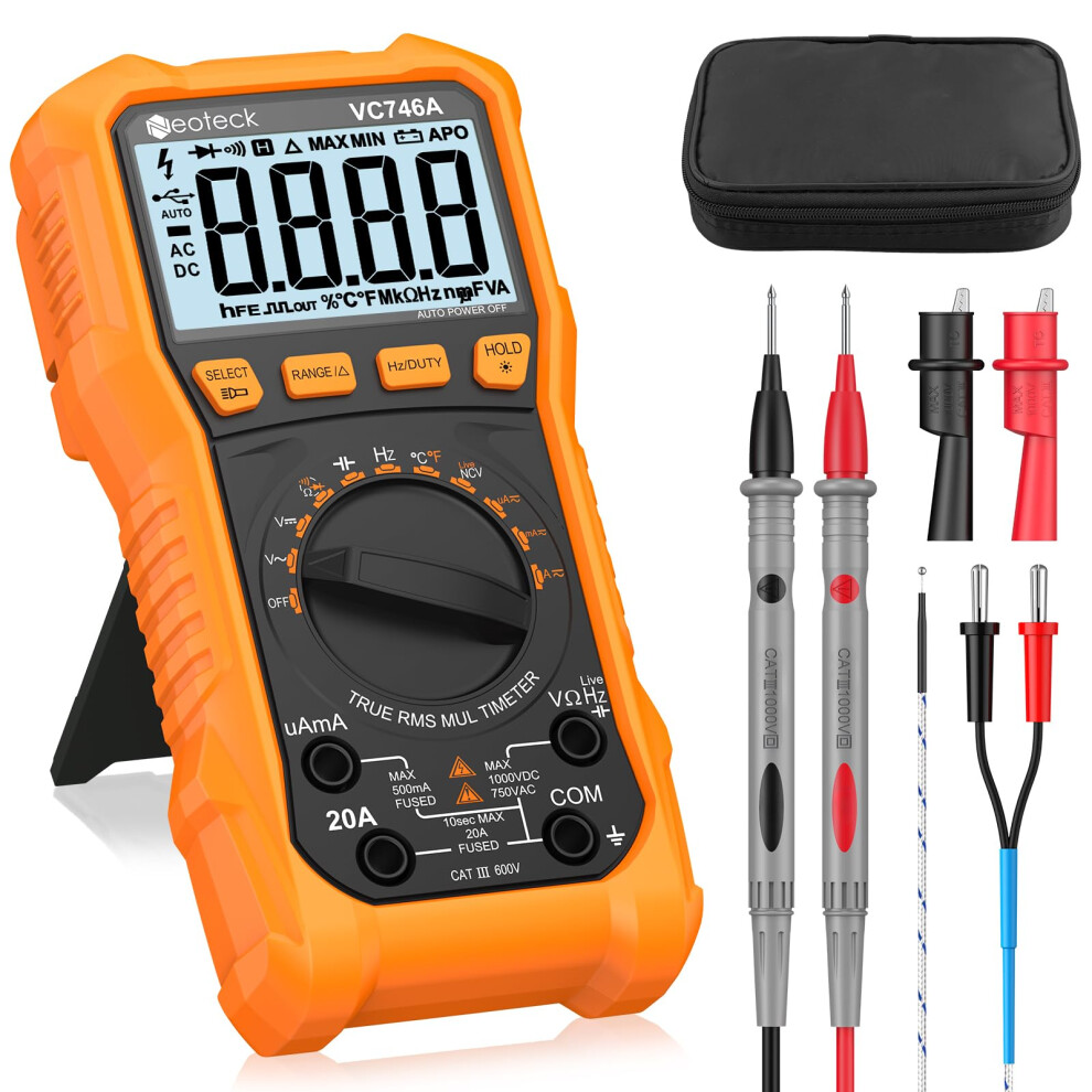 Neoteck Digital Multimeter 6000 Counts Trms Auto Range Ncv Live Detector, Ac/Dc Voltage Current Meter With Temperature, Capacitance, Resistance, 5051222340677