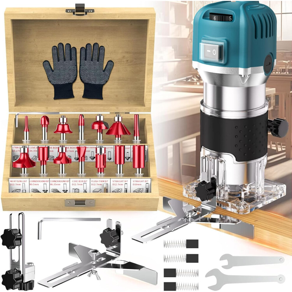 Palm Router Tool, 800W 30000Rpm Electric Woodworking Hand Router With Trimmer Base & 15Pcs 1/4"(6.35Mm) Router Bits Set, 220V Wood Trimmer Router 5051222341384