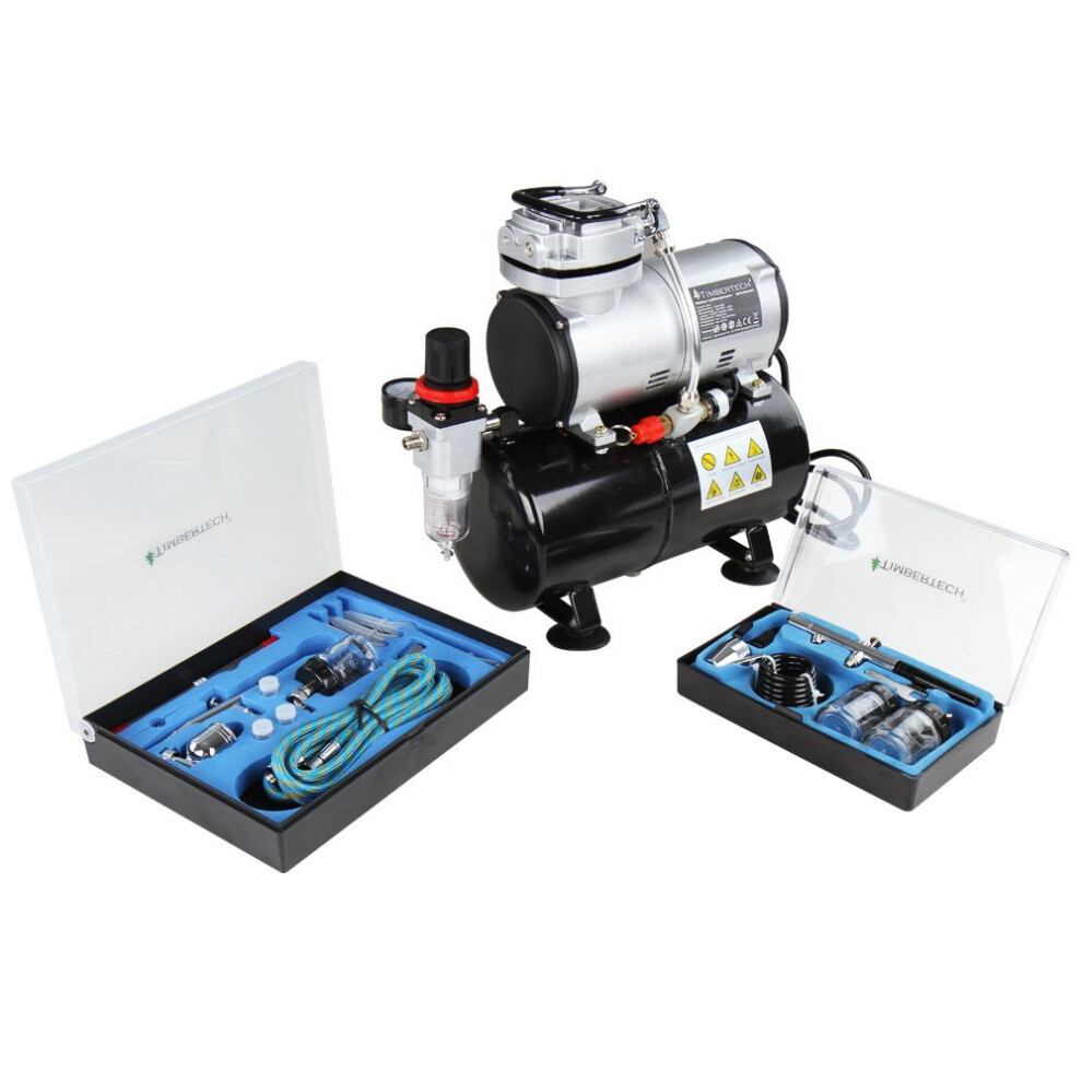 Timbertech Airbrush Kit With Compressor Abpst06 With Powerful 1/6 Hp Airbrush Compressor With Tank And 2 Airbrush Gun Kits For Airbrush Painting 5051222346846