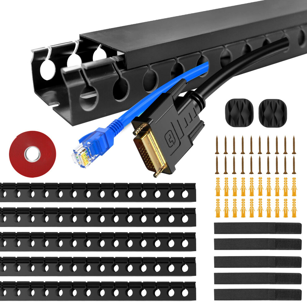 5 Pieces Cable Trunkings, Cable Concealer Kit, 1.85M Open Slot Cable Raceway Duct To Hide Under Desk/Tv/Computer/Power Cords, Black, 5X37cm 5051222347713
