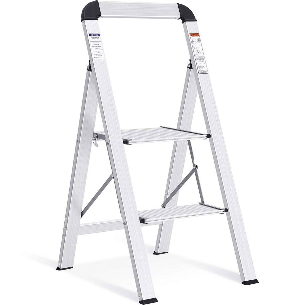 Kingrack 2 Step Ladder With Handrail, Non-Slip Household Ladder With Folding Safety, Aluminium Folding Step Stool, Maximum Load 150 Kg, Silver 5051222343593
