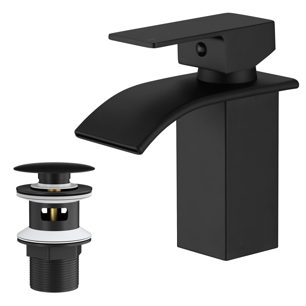Besy Waterfall Spout Bathroom Sink Mixer Taps,Single Handle Basin Mixer Tap, Lavatory Vessel Faucet,Stainless Steel,Matte Black Vanity Tap 5051222345214