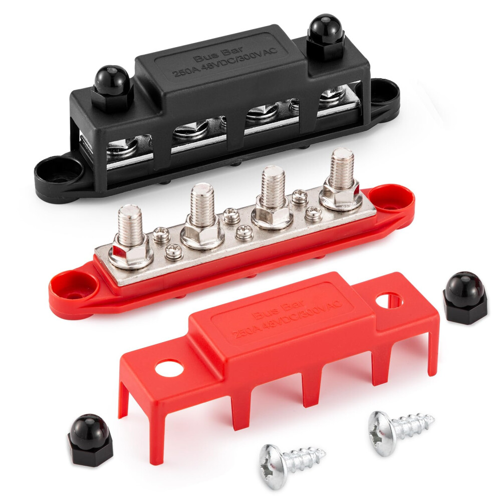 Bus Bar 12V 250A Power Distribution Block 4 X M8(5/16") Studs Marine Bus Bar 12 Volt Battery Busbar Terminal Block For Marine, Automobile, Rv, Battery 5051222345955