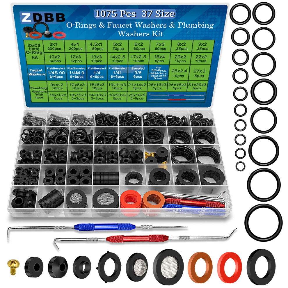 Zdbb 37 Size 3-In-1 Spigot Repair Washers & Hose Gasket & Faucet O-Rings Kit 1075 Pcs Universal Plumbing Rubber Washers Assortment Kit For Kitchen 5051222345566