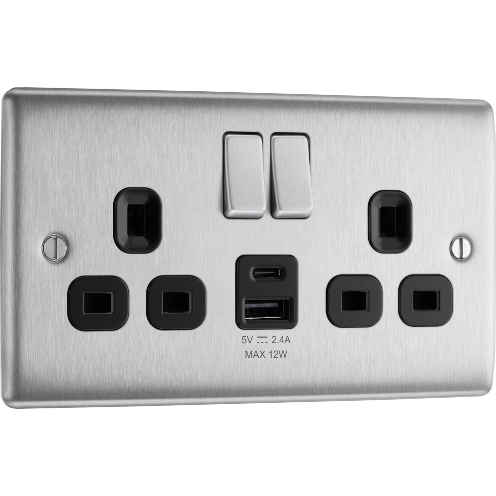 Bg Electrical 12W Double Switched Power Wall Plug Socket With Type A And Type C Usb Charging Ports, Nexus Metal, Brushed Steel, Black Inserts, 13A, 5051222346174