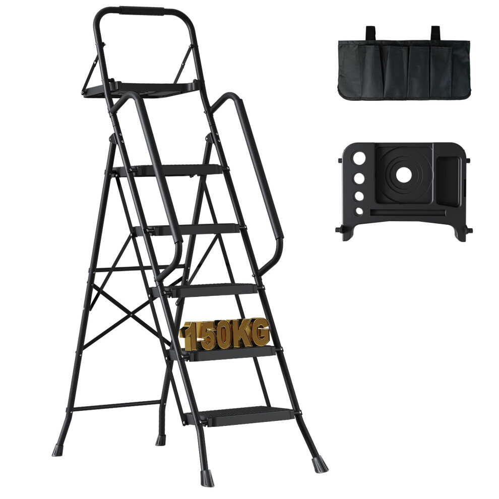 Bontec 5 Step Ladder With Tool Bag And Tray, Folding Step Ladder With Wide Anti-Slip Pedals, Handrails And Soft Grip, Foldable Metal Step Stool For 5051222343708