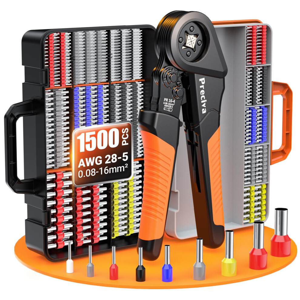Bootlace Ferrule Crimping Tool Kit, Preciva 0.08-16Mm?/Awg 28-5 Ferrules Crimper With 1500Pcs Connectors, Wire Crimp Tools, Self-Adjustable Ratchet 5051222345535