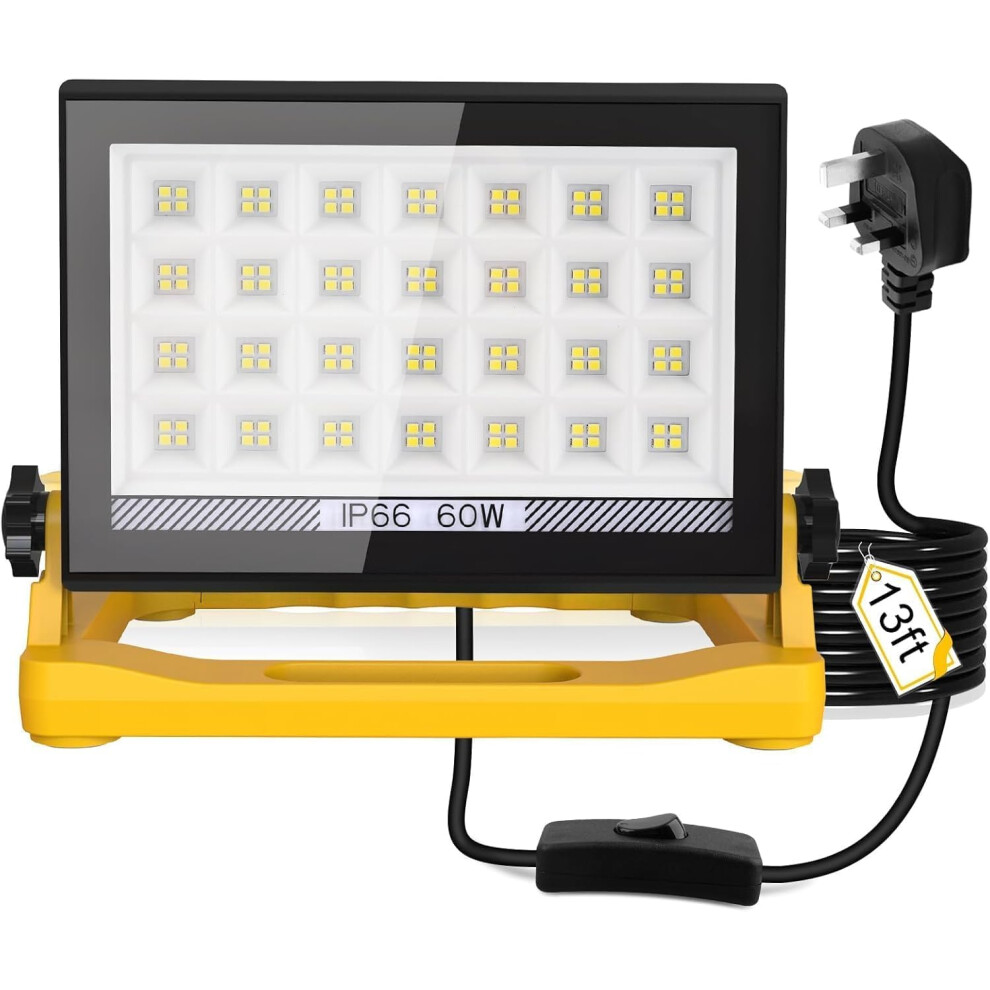 60W Led Work Light, 5400Lm Job Site Lights With Handle, Plug In Floodlight With 13Ft Wire & Switch, Portable Work Lights 240V Mains Powered Loft 5051222343685