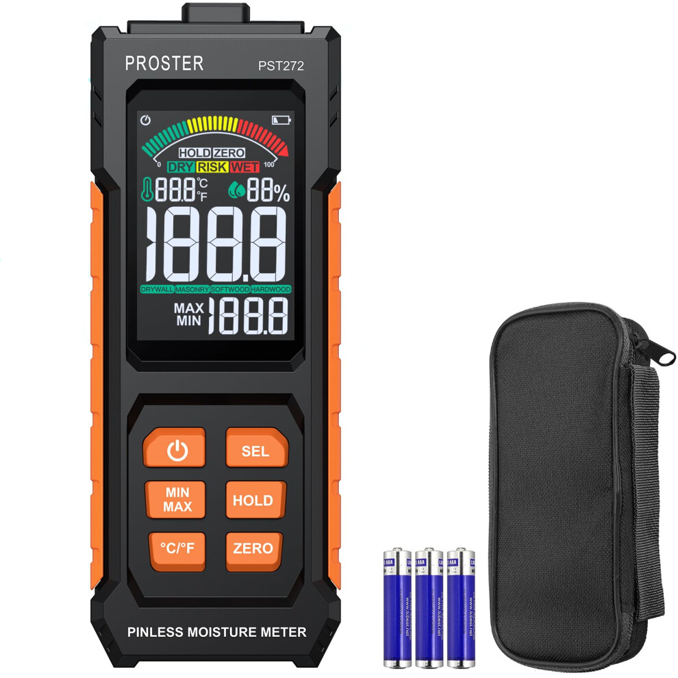 Proster Pinless Damp Meter For Walls - Wood Moisture Meter With Tri-Colour Bar Chart & Visual & Sound Alerts Non-Invasive Moisture Detector For 5051222340899