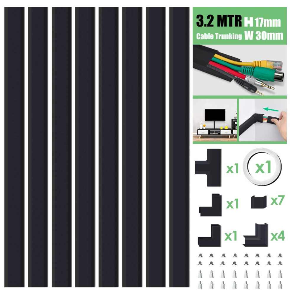 Mudeela Cable Trunking Kit, Cable Concealer, Cable Tidy Cable Raceway, Cable Management Kit For Home Office - 8X L400mm, W30mm H17mm, Black 5051222350225