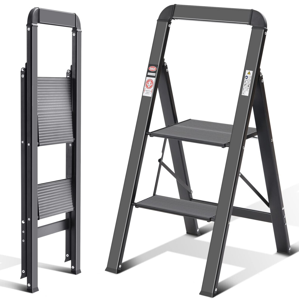 Kingrack 2 Step Ladder With Handrail, Non-Slip Household Ladder With Folding Safety, Aluminium Folding Step Stool, Maximum Load 150 Kg, Black 5051222350157