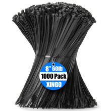 XINGO Black Cable Ties Pack of 1000, 200mm x 4.8mm, Premium Nylon Durable Zip Ties, Self-Locking UV Resistant Nylon Plastic Wire Ties for Indoor and