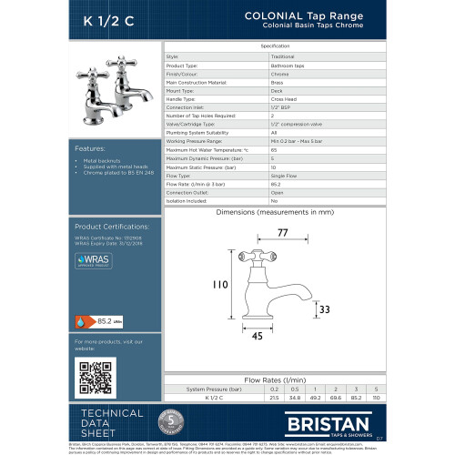 Bristan Bristan K 1/2 C Colonial Basin Taps - Chrome 2