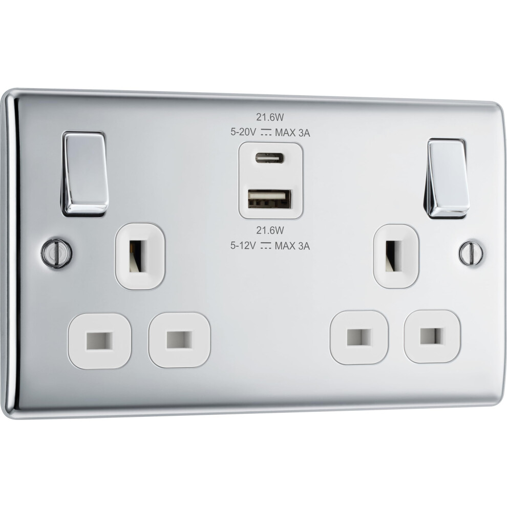 Bg Electrical 22W Double Switched Wall Plug Socket With Fast Charge Type A & C Usb Charging Ports, Nexus Metal, Polished Chrome, Black Inserts, 13A, 5051222353806