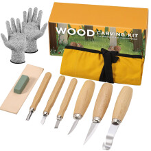 Wood Carving Tools, 10 in 1 Wood Whittling Kits, Chip Carving Tools Set, with 0 Basswood Carving Block, 6PCS Whittling Tools, Gloves, Sharpener, Roll