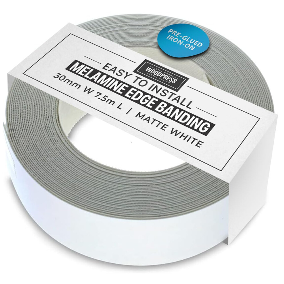 Woodpress? 30Mm Matt White Melamine Edging, Pre-Glued Veneer Tape ? 7.5M Roll - Iron-On For Easy Diy Application ? Will Cover The Edge Of A Standard 5051222356333