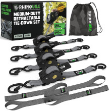 Rhino USA Retractable Ratchet Straps (4-Pack) - 2.5cm x 3m (540kg Break Strength) - Medium Duty Auto Self-Retracting Tie Down Straps for Truck, Cargo