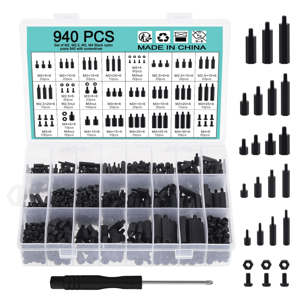 Wimas 940Pcs Nylon Hex Standoff Spacer Screw Nut Threaded Pillar Standoff Screws Assorted Assortment Set M2 M2.5 M3 M4 For Diy Pcb Board Motherboard 5051222358917