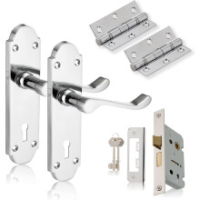 Richmond Lever Lock Pack, Polished Chrome, Complete Door Hardware Set with 65mm Sashlock, 75mm Ball Bearing Hinges, for Internal Wooden Doors