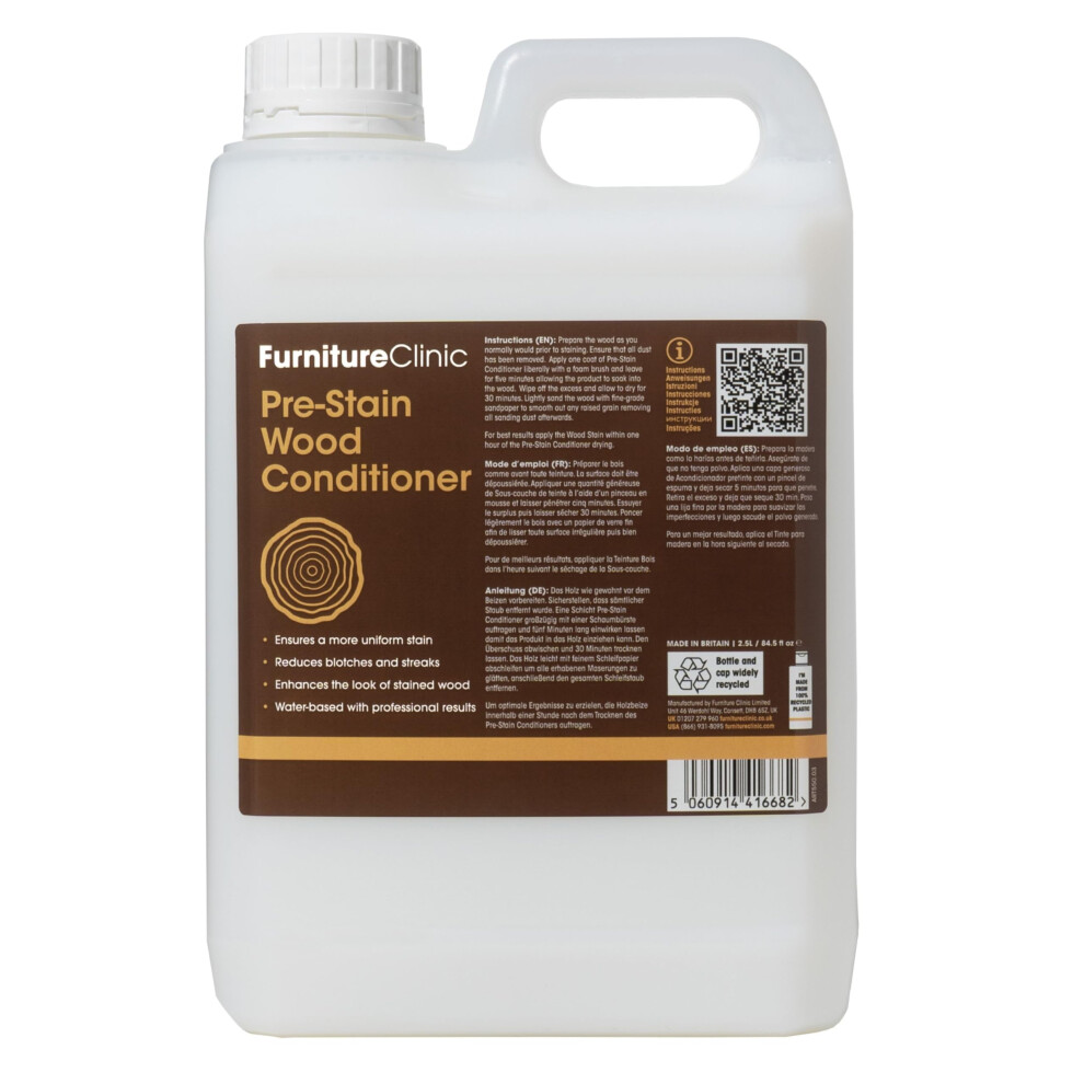 Furniture Clinic Pre-Stain Wood Conditioner - Water-Based - Indoor And Outdoor Use - Low Odour And Non-Toxic ? Use Before Staining Wood 2.5L 5051222358634