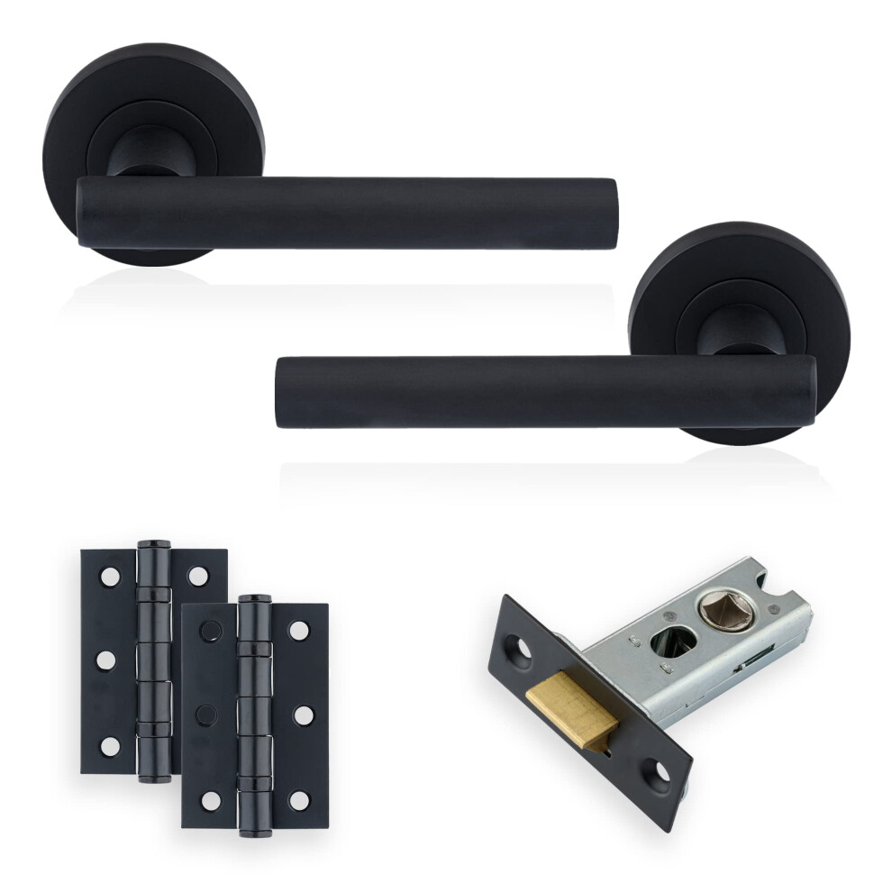 Xfort Matt Black Liberty Lever On Rose Latch Pack, Complete Set With T-Bar Door Handles, 65Mm Tubular Latch And 75Mm Ball Bearing Hinges, Door Handle 5051222358955
