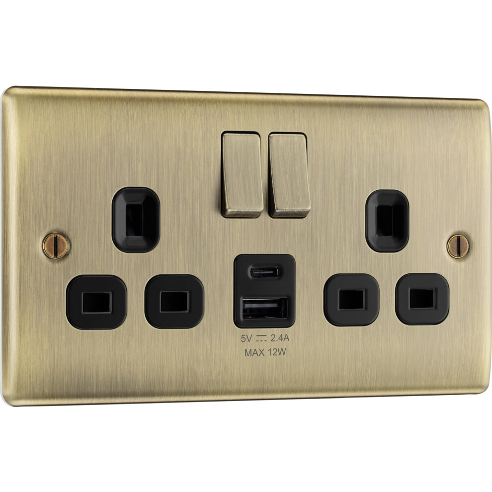 Bg Electrical 12W Double Switched Power Wall Plug Socket With Usb A And Usb C Charging Ports, Nexus Metal, Antique Brass, 13A, Nab22uac12b 5051222355008