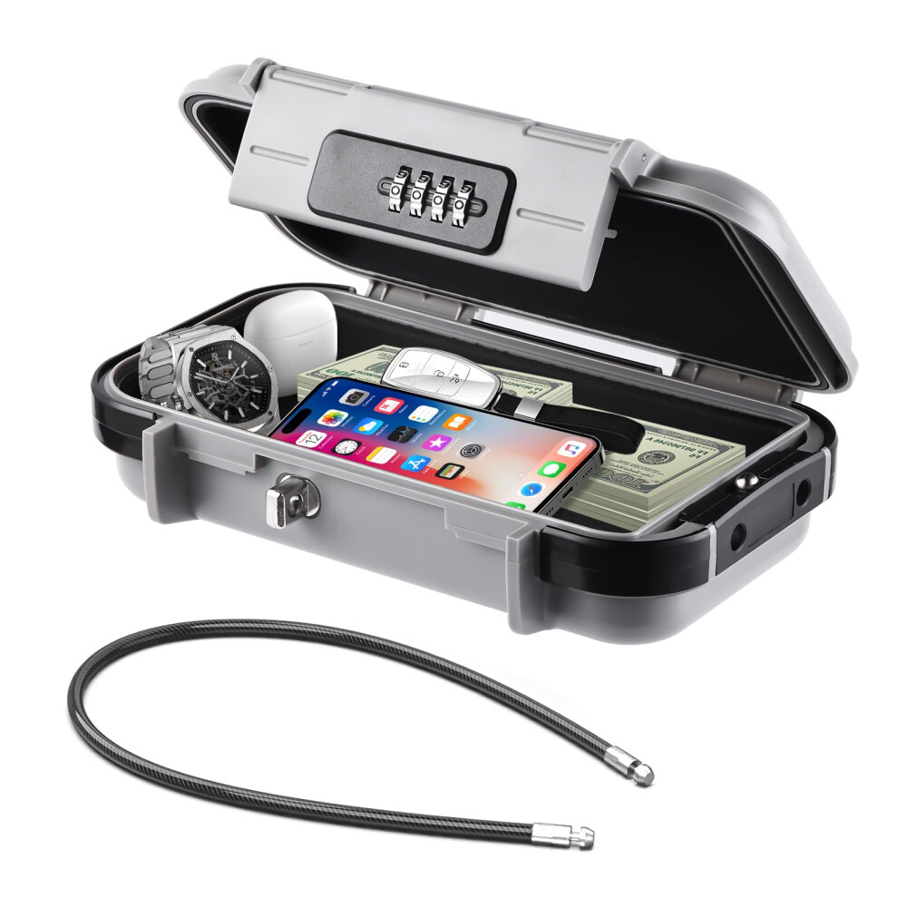 Hurinan Portable Safe Box With Code, [Waterproof & Anti-Theft]Travel Safe, Combination Security Case Lock Box With Removable Wire Rope, For Beach, 5051222354728