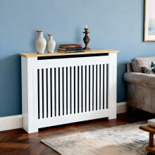 Tall Radiator Cover Painted Radiator Covers, 92cm External Height Medium Heater Covers with Wood Texture Nature Top, Inner 90cm Vertical Slats - White