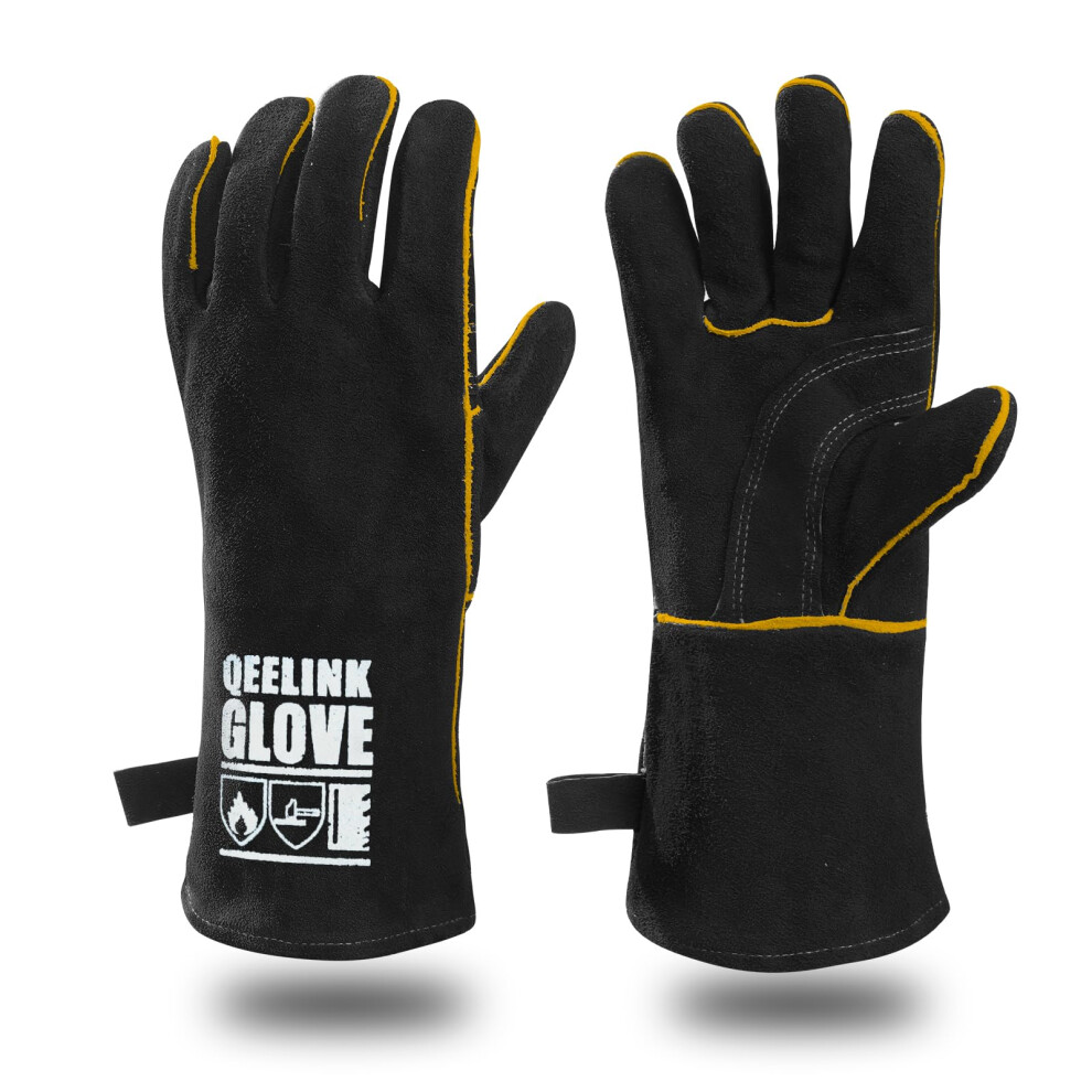 Qeelink Welding Gloves - Heat & Wear Resistant Lined Leather And Fireproof Stitching - For Welders/Fireplace/Bbq/Gardening (Black, Standard (14-Inch)) 5051222364888
