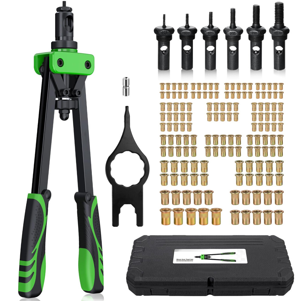 Esynic Heavy Duty Rivet Nut Gun Rivnut Tool 14 Inch Rivnut Tool Kit Pop Rivet Nut Tool Set Double Hands Riveter Nut Gun With 150Pcs Nuts Include 5051222359877