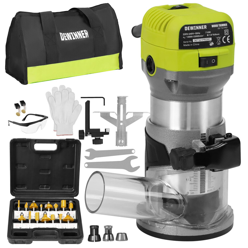 Dewinner Electric Palm Router Tool, 710W Compact Wood Trimmer With Metal Base, 6 Variable Speeds Router For Woodworking, Trimmer Router With Storage 5051222360002