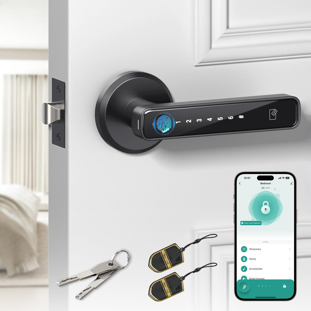 Amerdeco Smart Fingerprint Door Lock, Biometric Keyless Entry Door Lock With App - Cards - Backup Key - Fingerprints - Codes For Bedroom Hotel Office 5051222364024