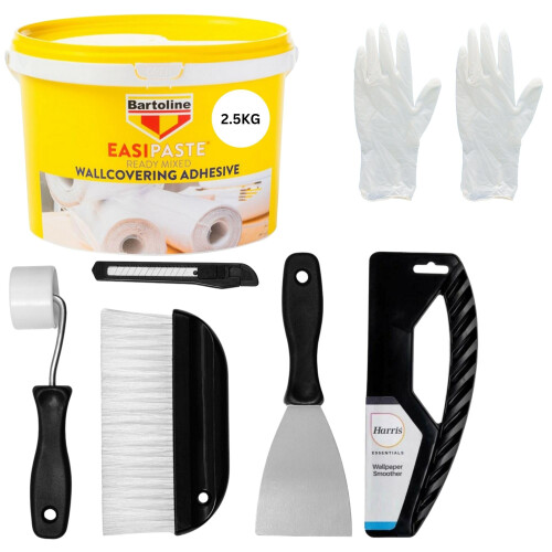 Wallpaper Paste Kit - Includes 2.5kg Ready Mixed Adhesive Paste and Kit Containing Smoother, Roller, Wallpaper Brush, Trimmer and Gloves
