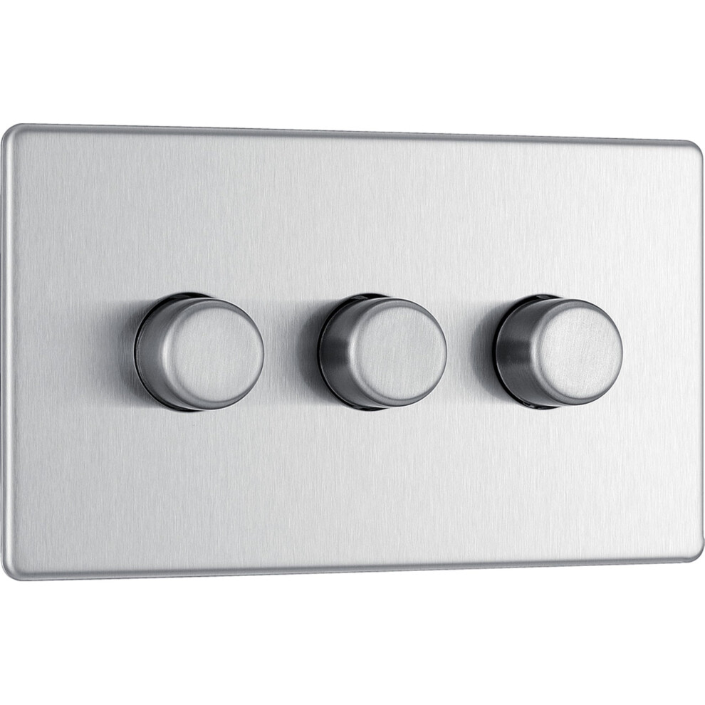 Bg Electrical Intelligent Triple Wall Dimmer Switch, 2 Way, Screwless Front Plate, Premium Flatplate, Brushed Steel, 200W, Fbs83 5051222367209