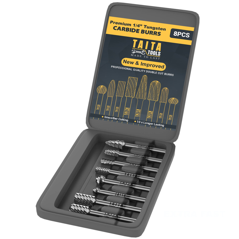 8Pc Carbide Burr Set 1/4" Shank - Tungsten Double Cut Rotary Die Grinder Bits - Cutting Burrs For Most Drills And Die Grinding Accessories - Wood 5051222366943