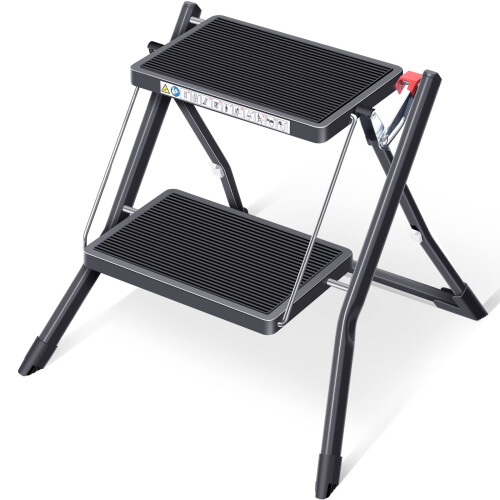KINGRACK Step Ladder, Double Side Folding Step Stool, 2 Step Portable Ladder with handdle, Large Platform, Slim Household Stepladder with