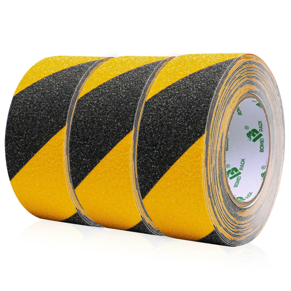 Bomei Pack 3 Rolls Yellow And Black Anti Slip Tape 50Mm X 10M High Traction Strong Grip Safety Stair Treads Self Adhesive Non-Slip Warning Tape 5051222361153