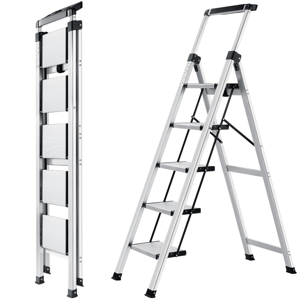 Xinsunho Step Ladder 5 Step, Aluminum Folding Step Stool With Retractable Handgrip & Removable Tool Tray, Lightweight Stepladders For High Closet, 5051222368596
