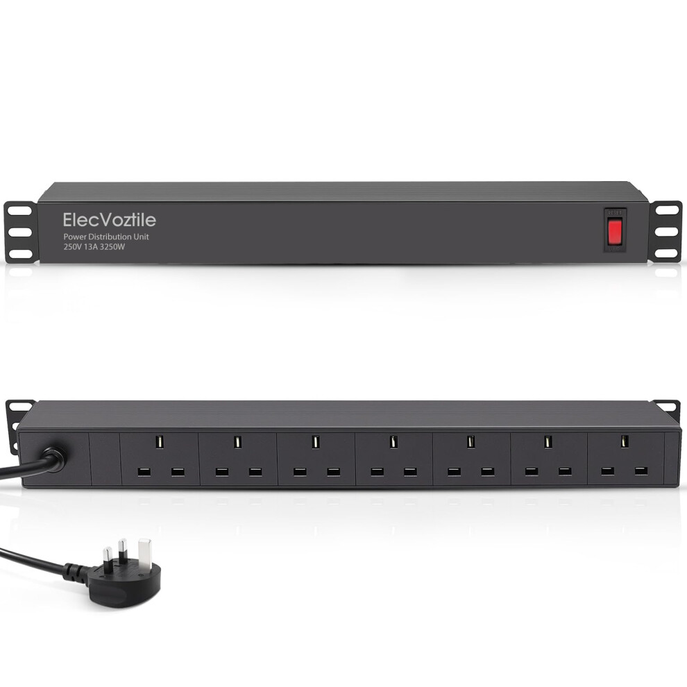 Elecvoztile 7 Way Horizontal Rack Mount Pdu Power Strip, 13A Overload Switch &1020J Surge Protection, Rear Plug, 1U Rackmount, Fits 19'' Server 5051222368008
