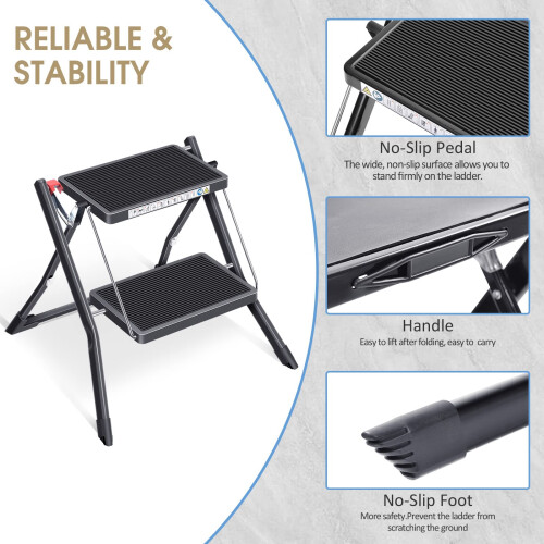 KINGRACK Step Ladder, Double Side Folding Step Stool, 2 Step Portable Ladder with handdle, Large Platform, Slim Household Stepladder with 2
