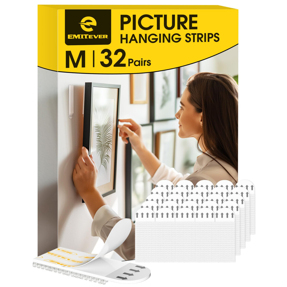 Emitever Picture Hanging Strips 32 Pair (64 Strips, M) Holds Up To 5.4 Kg, No Nails Wall Hanging Strips For Frames, Photos, Mirrors, Wall Decor 5051222370513