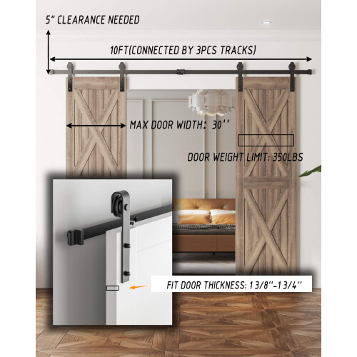 10FT/305CM Sliding Barn Door Track Kit - Hardware for Double Doors, J-Shape Design 1