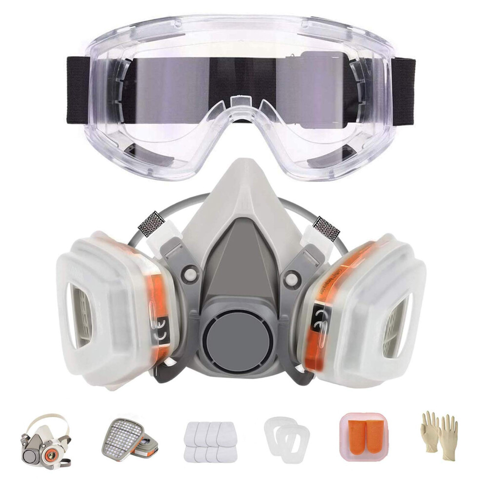 Lamanice Half Facepiece Respirator, Reusable Chemicals Respirator With 8Pcs Filter Cottons And Goggle Earplug Gloves For Painting,Gas, Dust, Machine 5051222372401