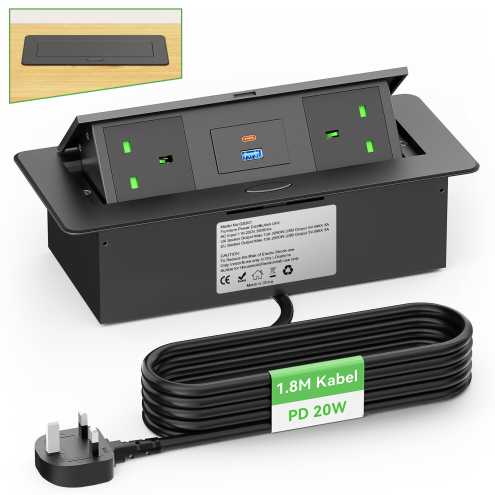 Desktop Power Socket With Usb C Pd20w, Aluminum Recessed Power Strip 2 Uk Plug, Hidden Pop Up Sockets For Kitchen Worktops Conference Desk, Desk Power 5051222372609