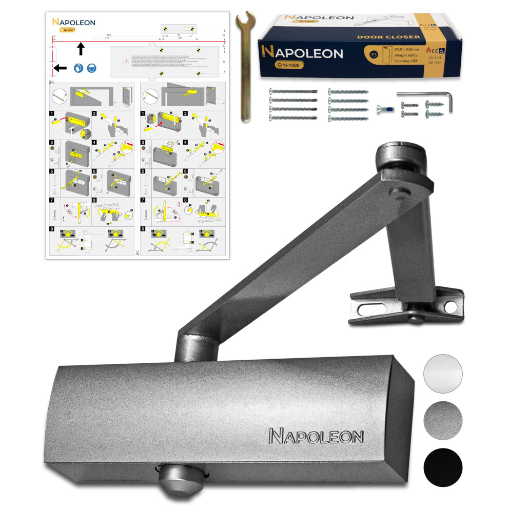 Napoleon N-1000 Robust Automatic Door Closer - En1154/En1634 Standards - Commercial & Residential - Door From 20Kg To 60Kg Size 3 - Drilling Template 5051222371978