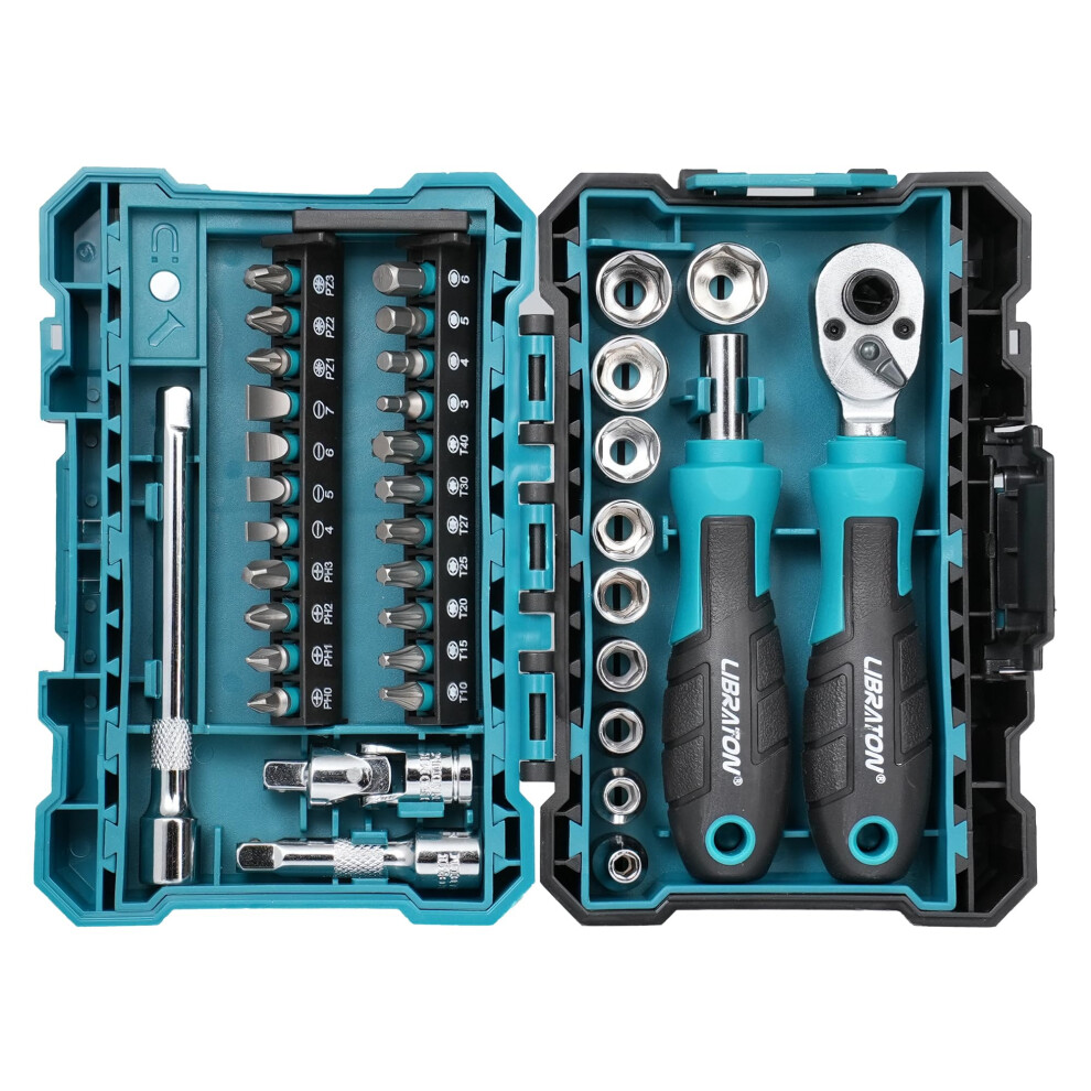 Libraton 37Pcs 1/4" Drive Mini Socket & Ratchet Wrench Set With Bits, 4-13Mm Shallow Sockets, Magnetic Driver Handle, Extension Bars & Universal 5051222367704