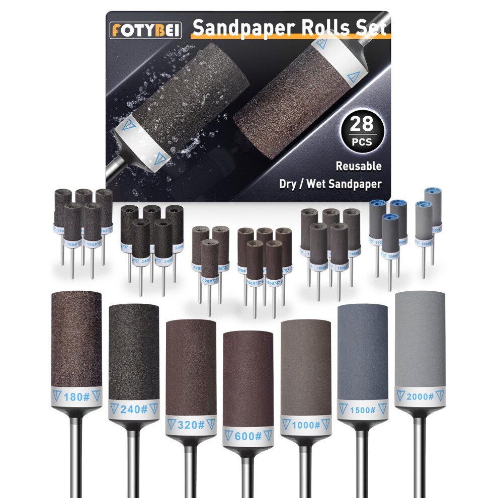Fotybei 28Pcs Sanding Drums Sandpaper Sticks Set For Dremel Rotary Tool Accessories, 180/240/320/600/1000/1500/2000 Grits Sanding Bits Kit With 1/8" 5051222372111