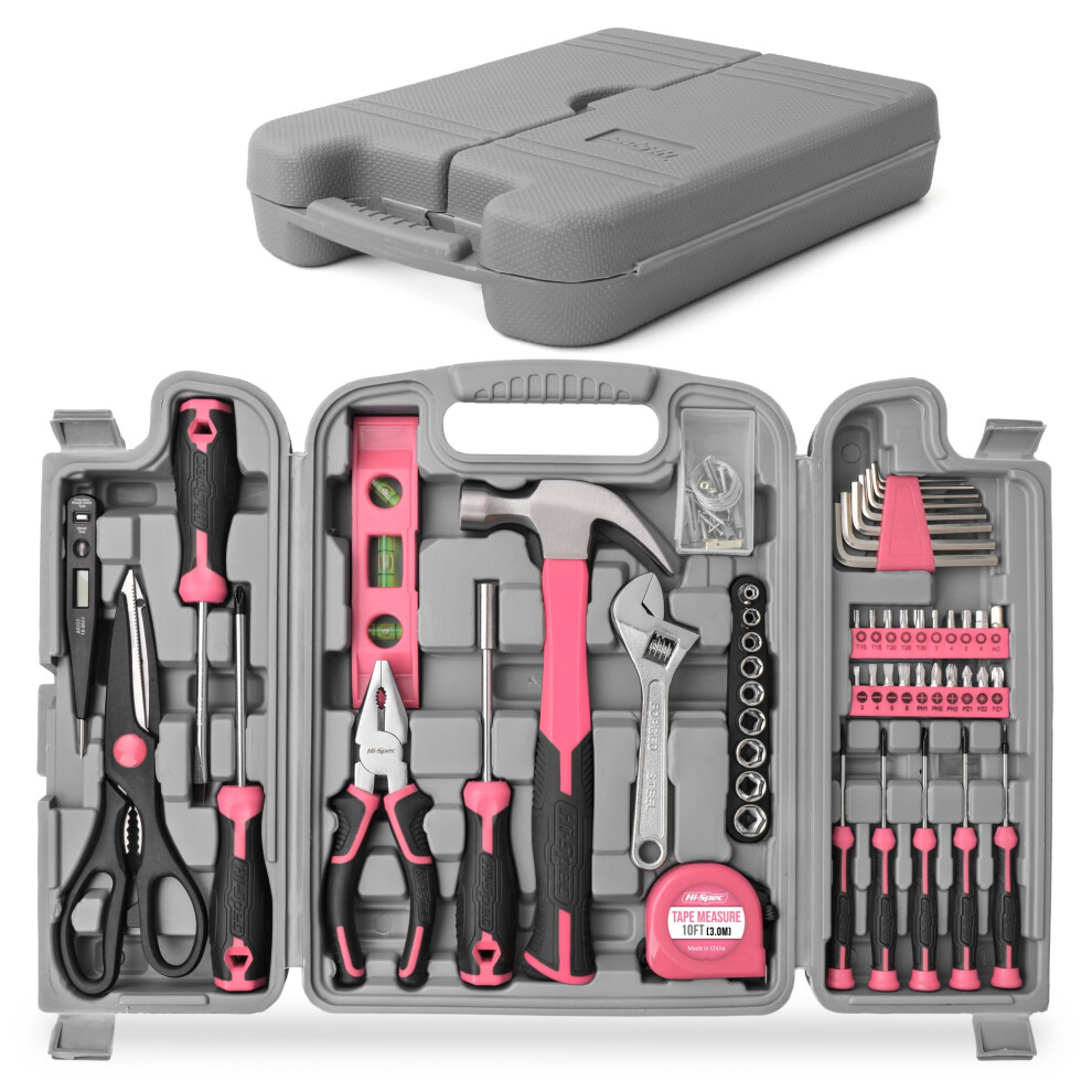 Hi-Spec 56Pc Pink Home & Office Diy Tool Kit Set. Complete Household Tool Box With Essential Hand Tools Included For Basic Repairs, Maintenance & Home 5051222374481
