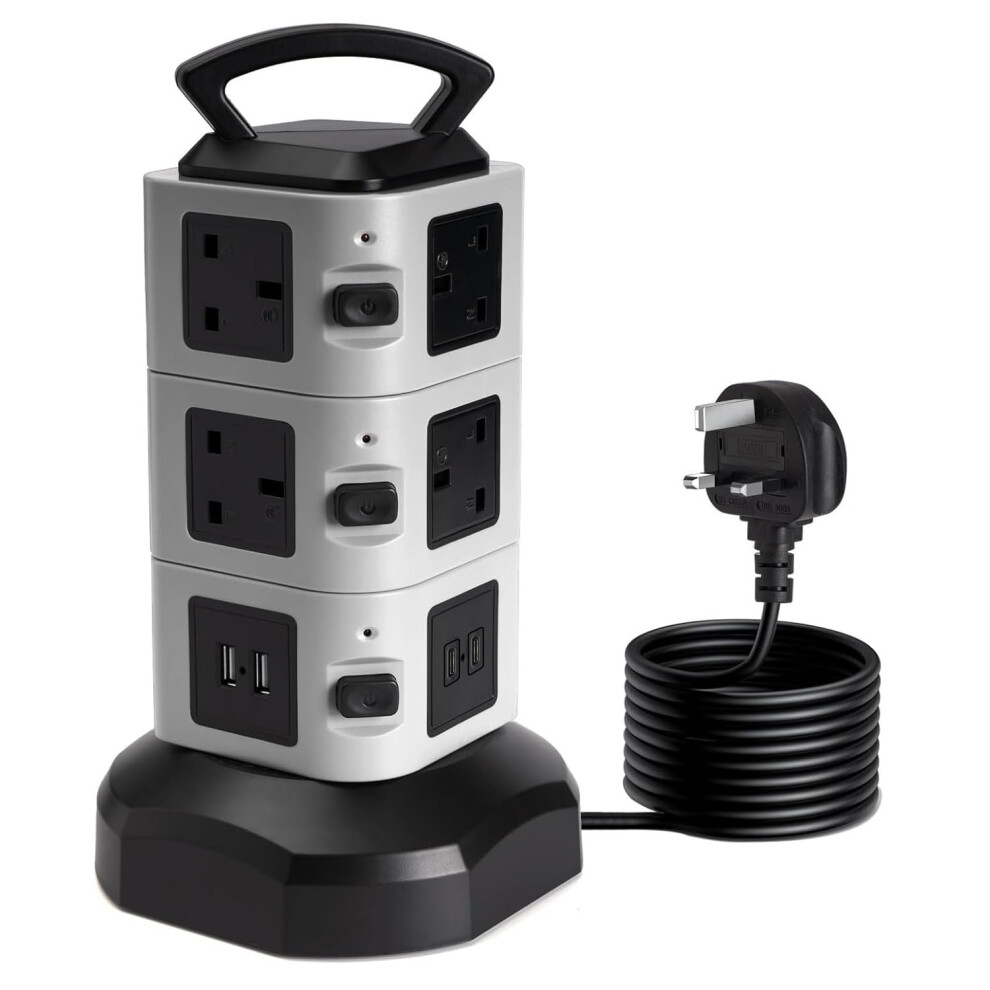 Tower Extension Lead 2M, 10 Way (13A 3000W) Surge Protected Extension Sockets With 2 Usb C And 2 Usb A, Multi Plug Socket With 3 Independent 5051222373484